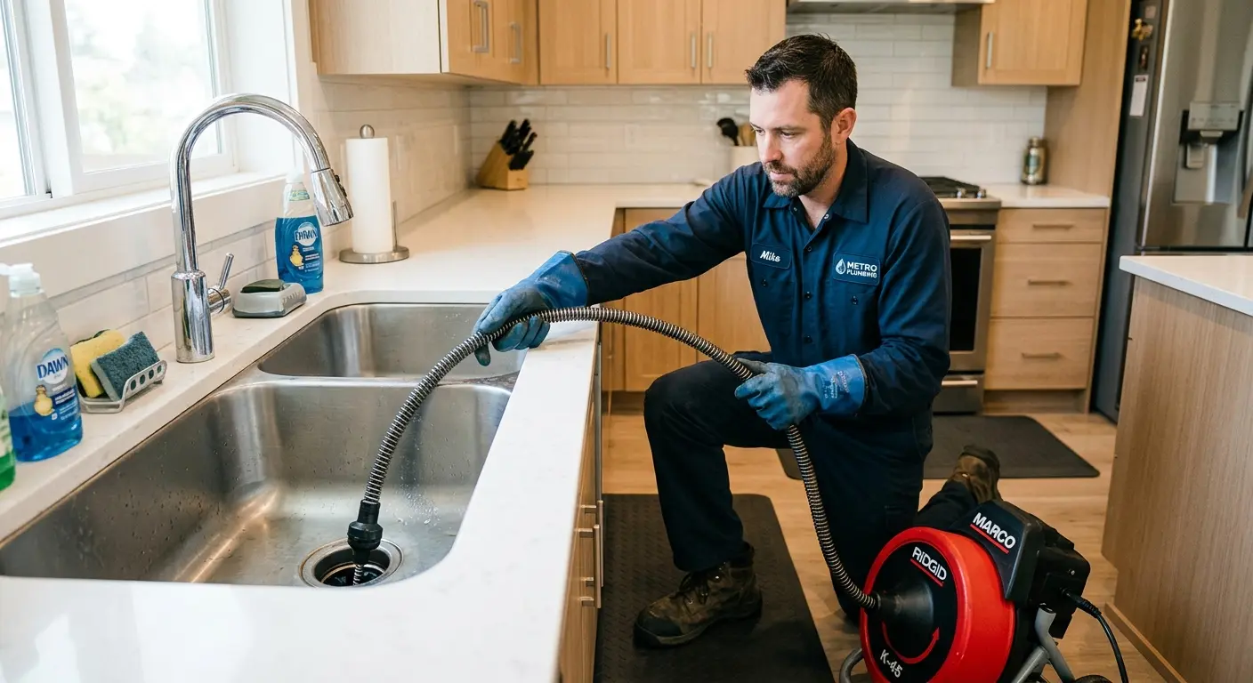 Drain cleaning technician using a motorized snake on a kitchen sink in Portage Lakes