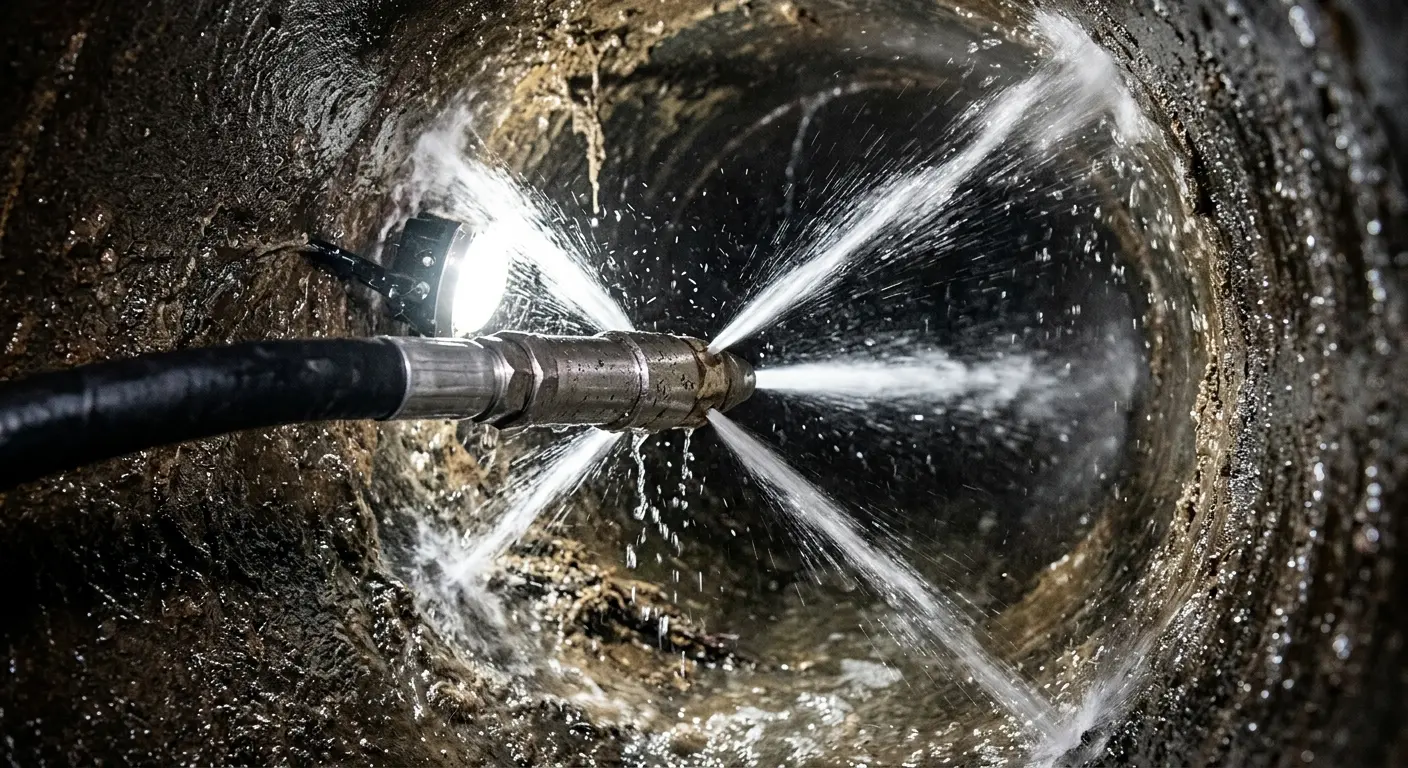 High-pressure hydro jetting nozzle cleaning sewer pipe for Emergency Drain Service in Portage Lakes