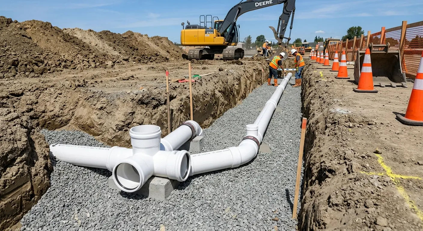 New PVC sewer pipe installation in open trench for Commercial Drain Cleaning in Portage Lakes