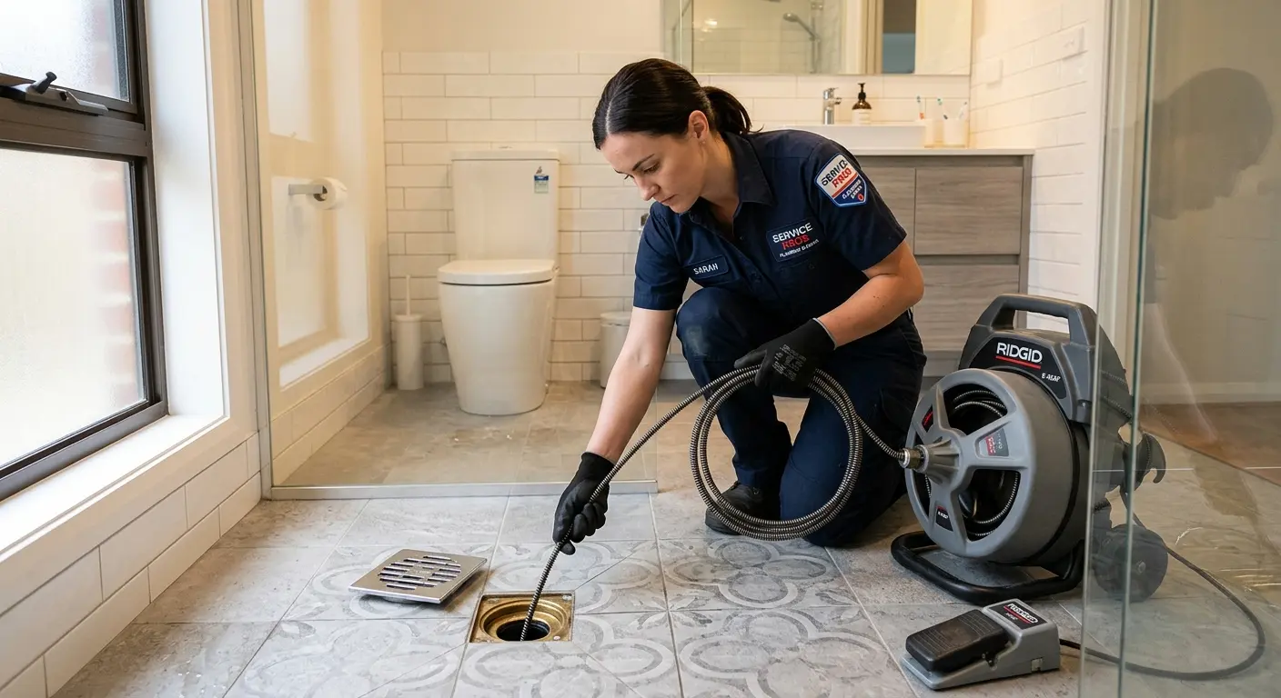 Technician clearing a bathroom floor drain for Clogged Drain Repair in Portage Lakes
